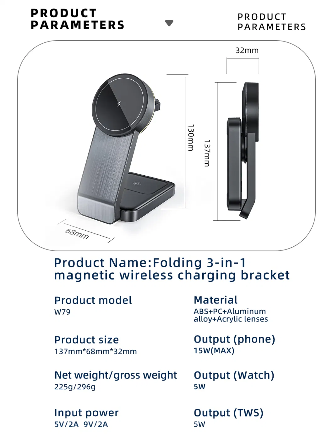 New 15W Aluminium Detachable Desktop 3 in 1 Magnetic Wireless Charger